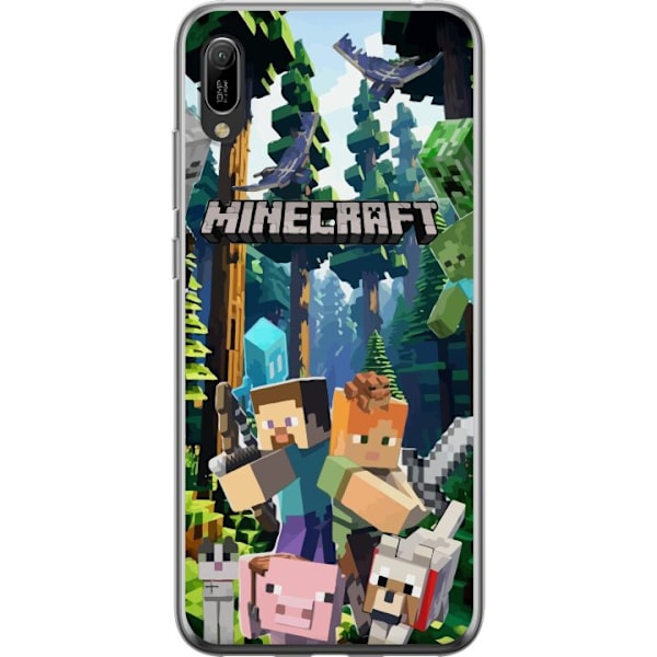 Huawei Y6 Pro (2019) Läpinäkyvä kuori Minecraft-matkapuhelinkotelo metsällä ja pikselityylisillä hahmoilla