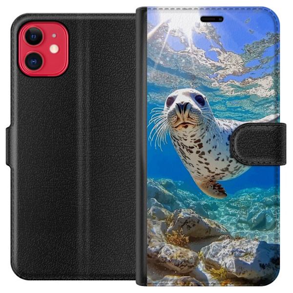 Apple iPhone 11 Plånboksfodral Säl Hav Simmande Djurmotiv Natur Vattenmotiv Blå Design Marint Tema Populärt Motiv Djurliv