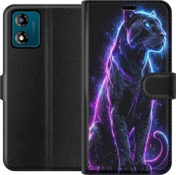 Kompatibel Tegnebogsetui til Motorola Moto E13 Sort panter med blå og lilla neonlinjer mod sort baggrund sort