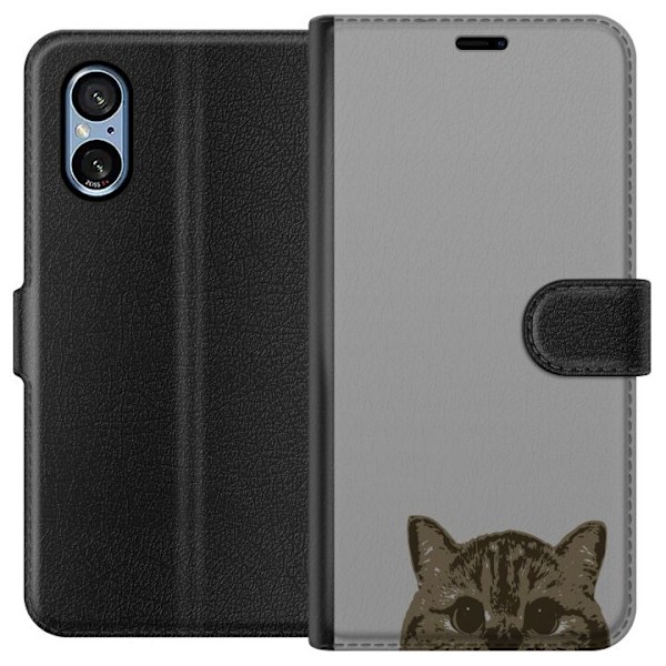 Sony Xperia 5 V Plånboksfodral Grå Kattblick – stilren kattdesign med grå bakgrund