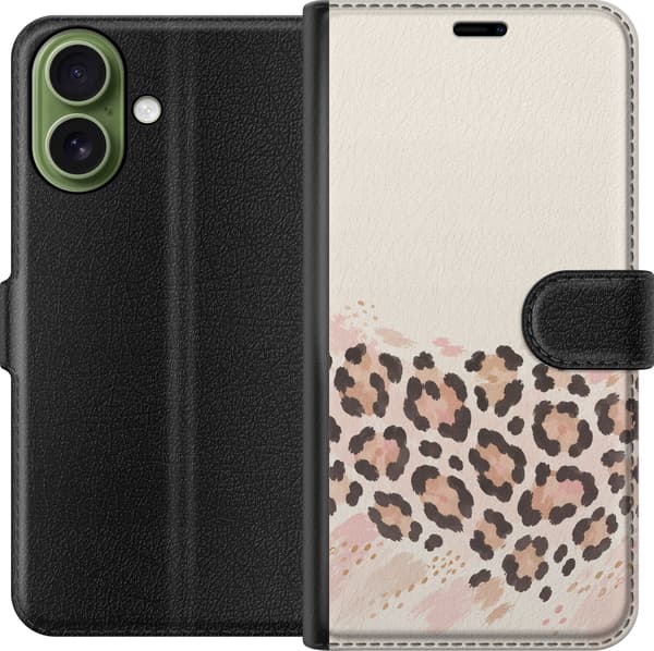 Kompatibel Tegnebogsetui til Apple iPhone 18 Leopardmønster i beige og rosa – Sorte og brune leopardpletter med lyserøde og beige penselstrøg på lys beige