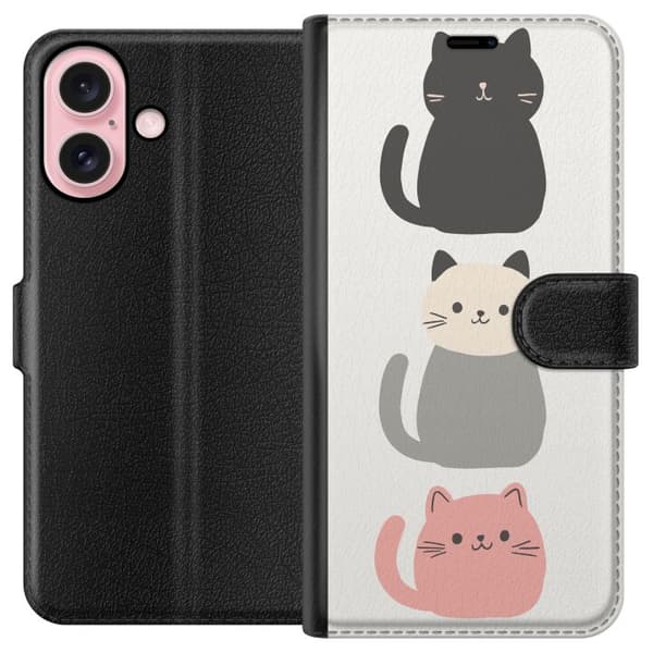 Kompatibel Tegnebogsetui til Apple iPhone 16 Tre minimalistiske katte i sort, grå og pink mod en lys baggrund hvid