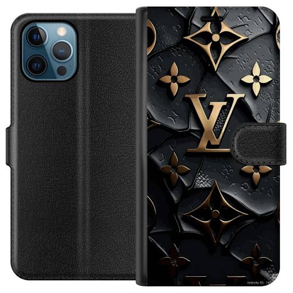 Apple iPhone 12 Pro Plånboksfodral Louis Vuitton Dark Mode Design Svart Lyx Stil Fashion Populärt Grafiskt Mönster Modeikon Lyxmärke