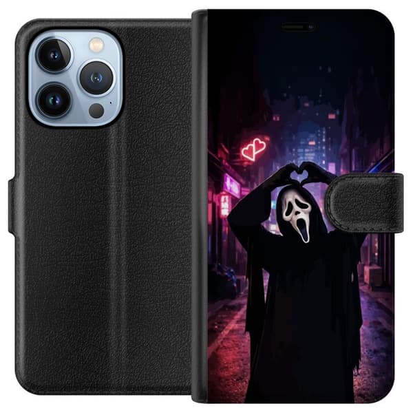 Kompatibel Tegnebogsetui til Apple iPhone 13 Pro Sort skrækmotiv med maskeret figur, hjertehænder og neonbelyst by sort