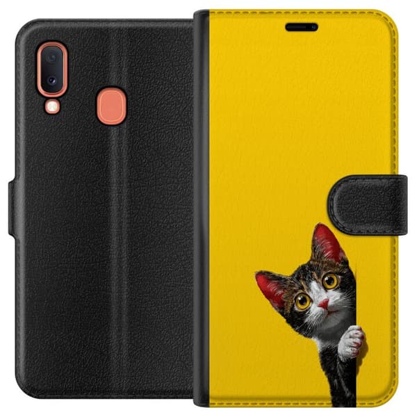Kompatibel Tegnebogsetui til Samsung Galaxy A20e Sød kat, der kigger ud mod gul minimalistisk baggrund gul