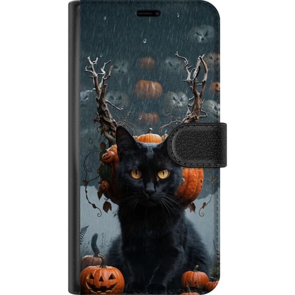 Kompatibel Tegnebogsetui til Google Pixel 10 Sort kat med græskar og en uhyggelig Halloween-baggrund i regn sort