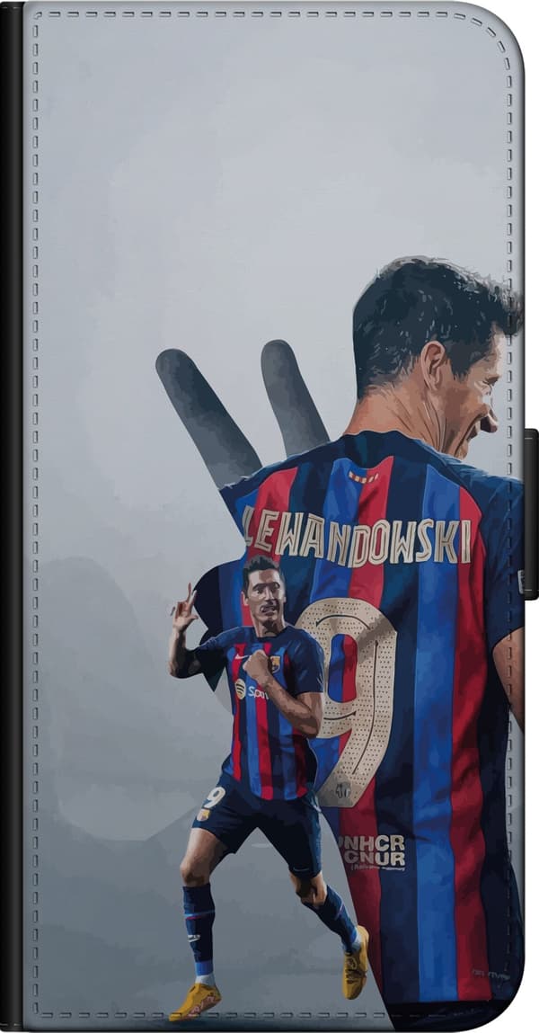Kompatibel Tegnebogsetui til OnePlus 9 Pro Robert Lewandowski med nummer 9 - fodboldcollage i lyseblå og rød blå