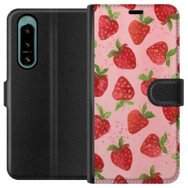 Sony Xperia 5 IV Plånboksfodral Strawberry Dreams – jordgubbsmönster i retrostil