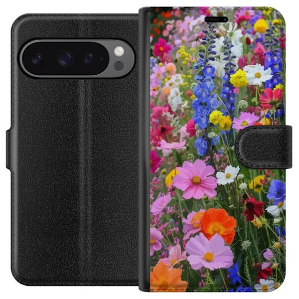 Google Pixel 9 Pro XL Lompakkokotelo Kukkakuvioinen mobiilikuori kesäisellä niityllä ja luontomaisemalla