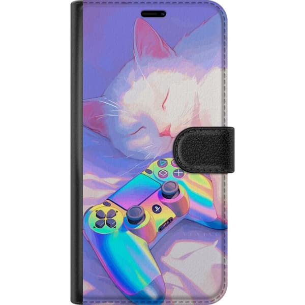 Kompatibel Tegnebogsetui til Google Pixel 9a Drømmerig kat ved siden af en farverig spillecontroller i bløde neonfarver og gamingtema. lilla