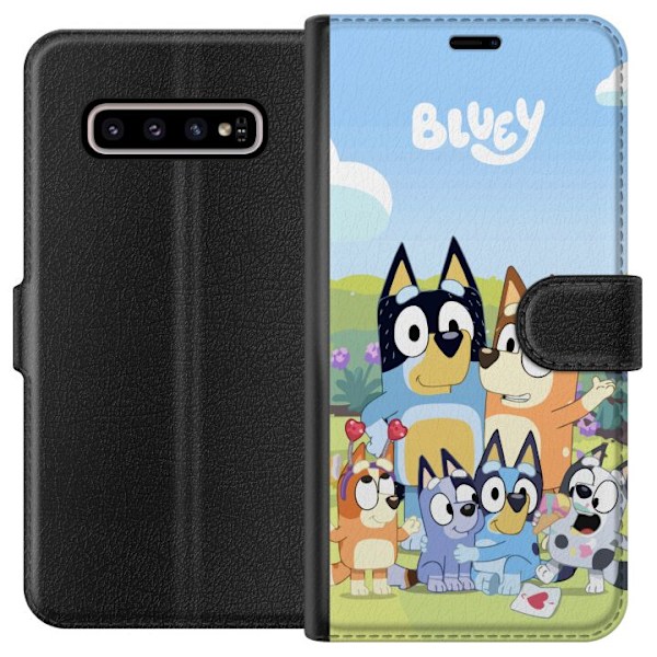 Samsung Galaxy S10+ Plånboksfodral Bluey mobilskal med hela familjen i färgglad design