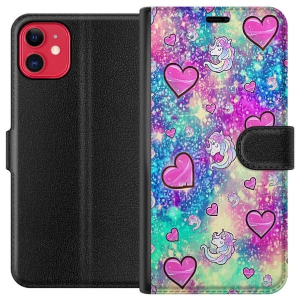 Kompatibel Tegnebogsetui til Apple iPhone 11 Unicorn og Hjerter