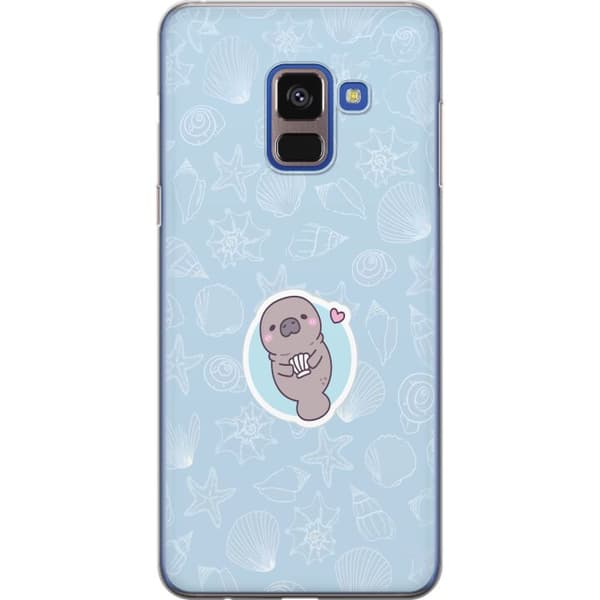 Kompatibelt Mobildeksel til Samsung Galaxy A8 (2018) Tegnet sjøku med rosa hjerte omgitt av skjell og sjøstjerner på lyseblå bakgrunn blå