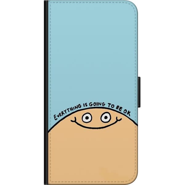 Kompatibelt Lommeboketui til Xiaomi Redmi Note 9 Pro Minimalistisk motiv med smilende figur og teksten Everything Is Going To Be OK blå