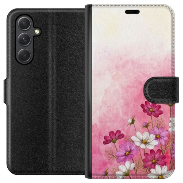 Kompatibel Tegnebogsetui til Samsung Galaxy A35 Bløde lyserøde og hvide blomster mod en akvarelbaggrund i lyserøde toner, romantisk og dekorativ illu