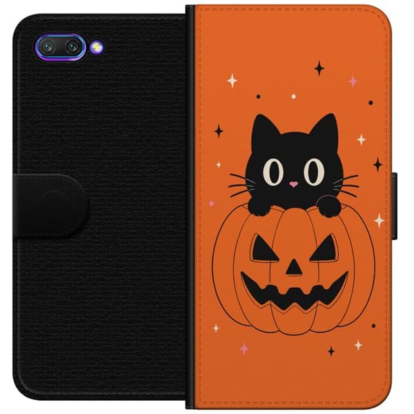 Kompatibel Tegnebogsetui til Honor 10 Sort kat og halloween-græskar med stjerner på orange baggrund orange