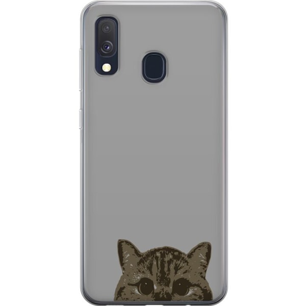 Samsung Galaxy A40 Genomskinligt Skal Grå Kattblick – stilren kattdesign med grå bakgrund