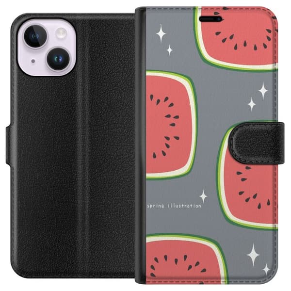 Kompatibel Tegnebogsetui til Apple iPhone 14 Retroinspireret mønster med store vandmelonskiver og hvide stjerner på grå baggrund grå