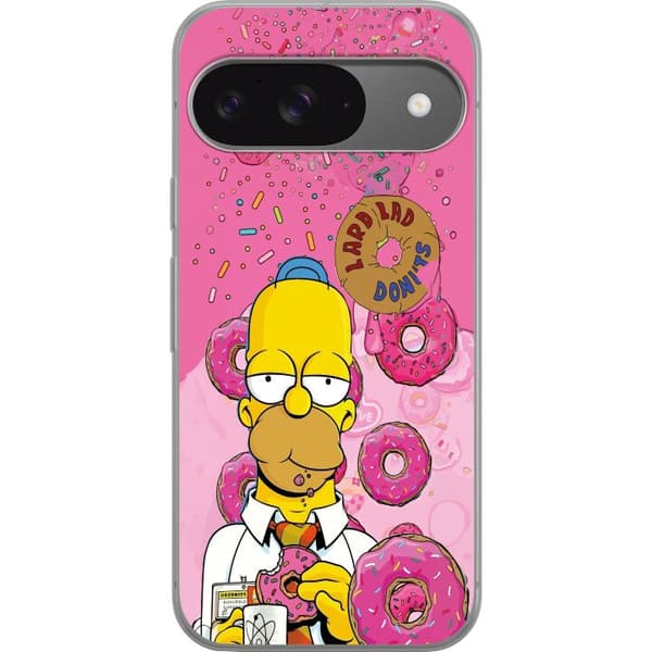 Kompatibel Mobilcover til Google Pixel 9 Homer Simpson spiser lyserøde donuts mod en farverig baggrund pink