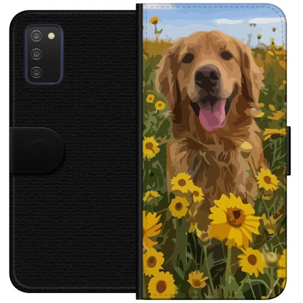 Samsung Galaxy A03s Plånboksfodral Golden Retriever Solrosfält Hundmotiv Natur Sommar Design Populärt Hundras Familjefavorit