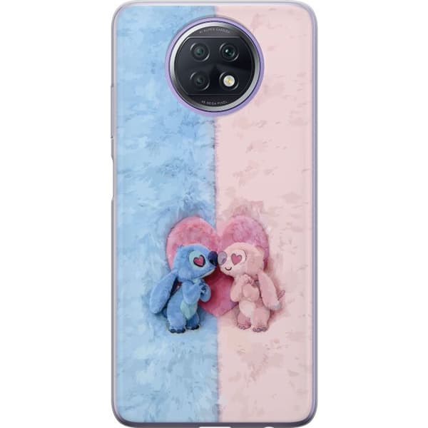 Kompatibel Mobilcover til Xiaomi Redmi Note 9T Søde blå og lyserøde figurer foran et stort lyserødt hjerte pink