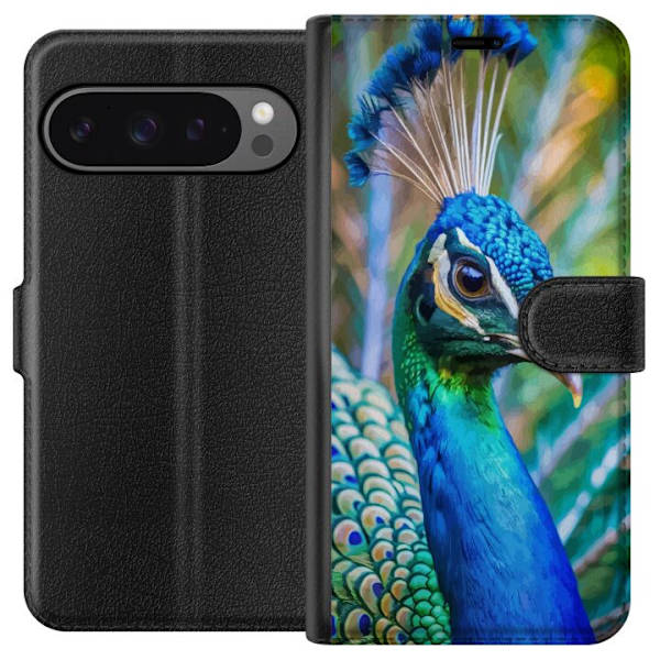 Google Pixel 9 Pro XL Tegnebogsetui Påfugle Fjer Farverig Design Fuglemotiv Eksotisk Grafisk Motiv Natur Luksuriøs Dekoration