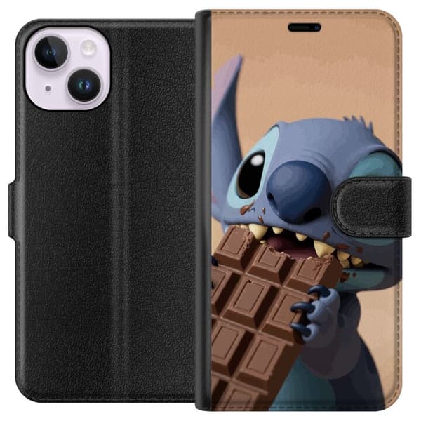 Kompatibel Tegnebogsetui til Apple iPhone 14 Sødt blåt rumvæsen, der spiser en stor chokoladebar blå