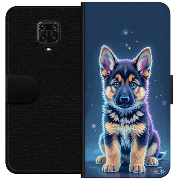 Kompatibelt Lommeboketui til Xiaomi Redmi Note 9 Pro Neonlyst schäfervalp med blå og lilla lys-effekter blå