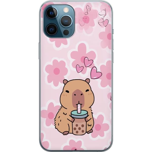 Kompatibel Mobilcover til Apple iPhone 12 Pro Max Sød tegnet kapybara med bubble tea, lyserøde hjerter og store blomster på en legesyg lyserød baggru pink