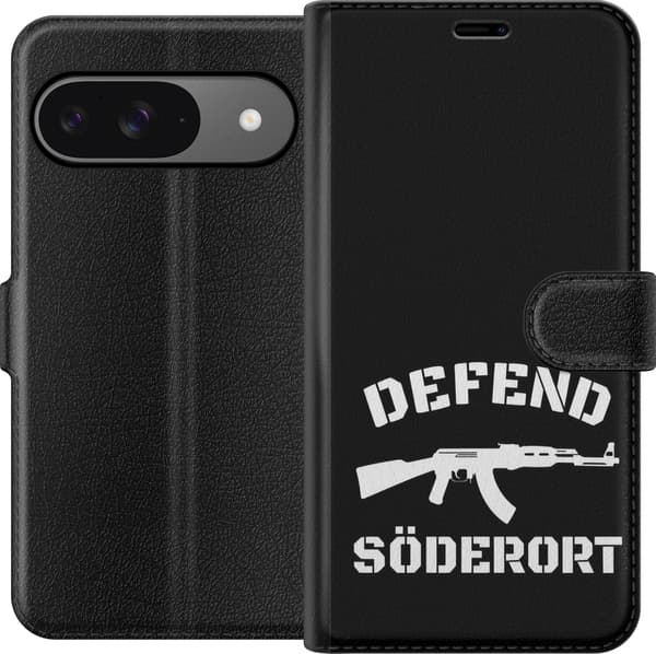 Kompatibel Tegnebogsetui til Google Pixel 9 Sort Söderort - hvidt områdeslogan og hvid våbensilhuet på sort baggrund sort