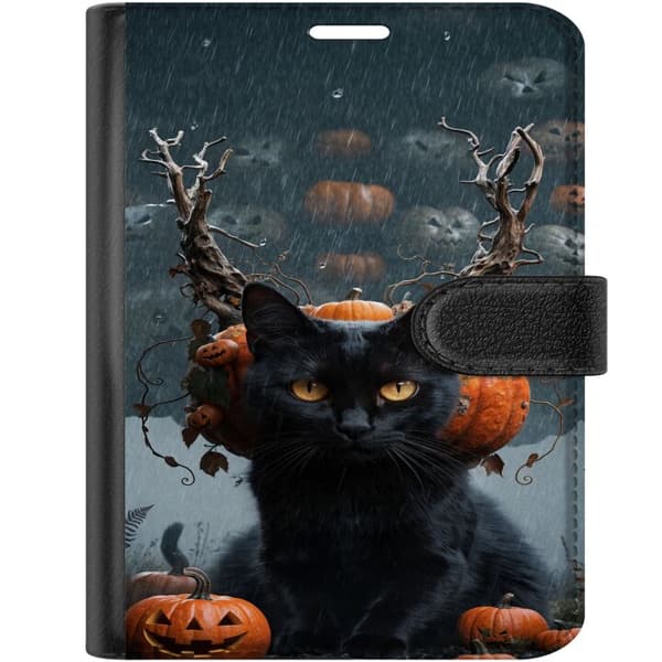 Kompatibel Tegnebogsetui til Apple iPhone Duo Sort kat med græskar og en uhyggelig Halloween-baggrund i regn sort