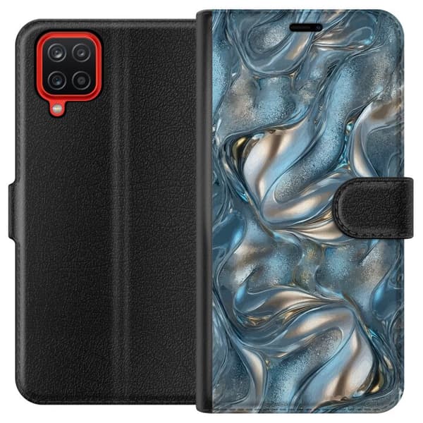 Kompatibel Tegnebogsetui til Samsung Galaxy A12 Abstrakt flydende krom i sølv og blå metallisk effekt sølv