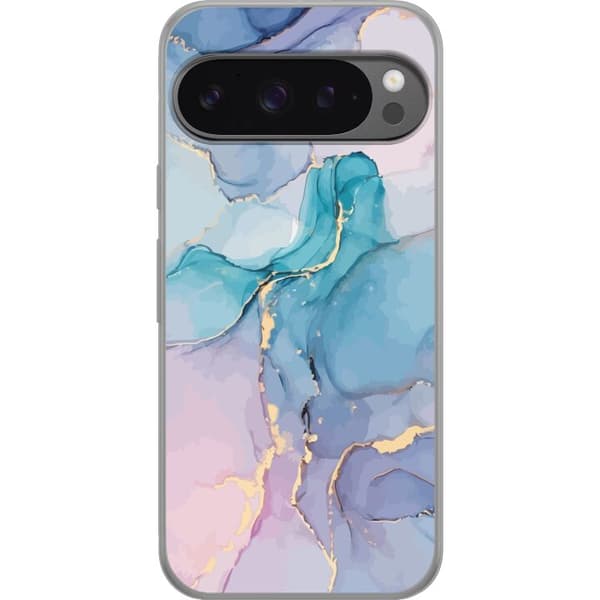 Kompatibelt Mobildeksel til Google Pixel 9 Pro XL Abstrakt blå pastellmarmor med tynne gulldetaljer