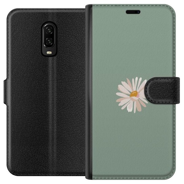 OnePlus 6T Lompakkokotelo Vihreä Minimalikukka - tyylikäs kukka vihreällä taustalla