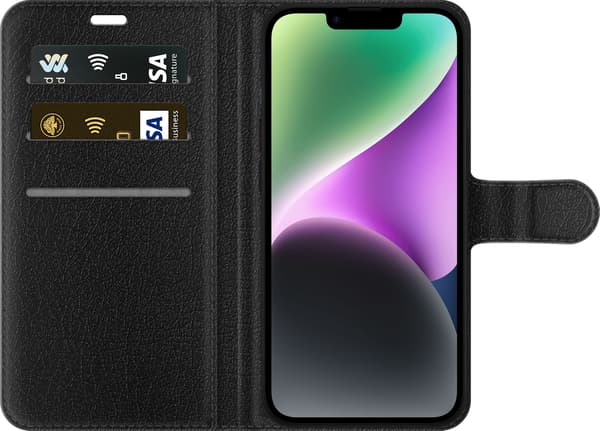 Kompatibel Tegnebogsetui til Apple iPhone 14 Plus Rosetgravhund - Sort motiv med gravhundehvalp med lyserød roset. sort