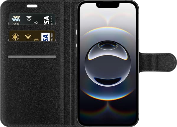 Kompatibel Tegnebogsetui til Apple iPhone 16e Lilla spilcontroller med neonlys – Sort spilcontroller med lilla og blå lyskonturer, omgivet af lysbuer lilla