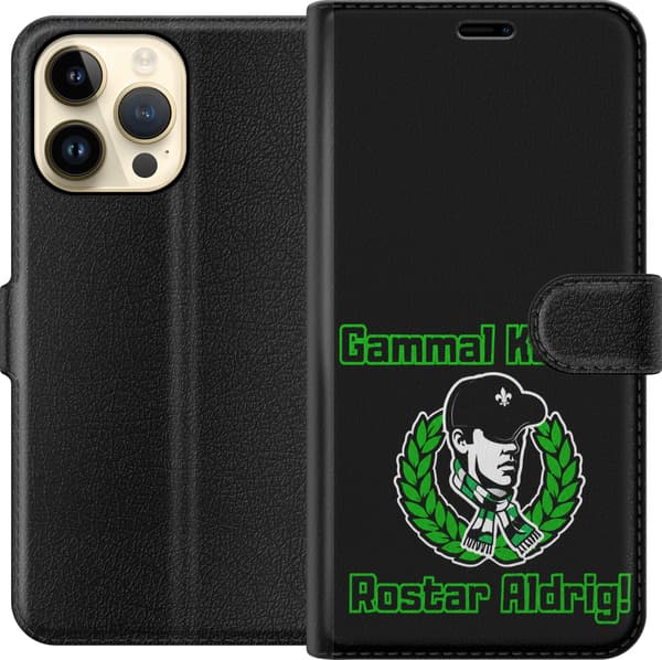 Kompatibel Tegnebogsetui til Apple iPhone 14 Pro Max Sort kærlighedsslogan - Grønt slogan og rundt hvidt og grønt supportersymbol på sort baggrund sort