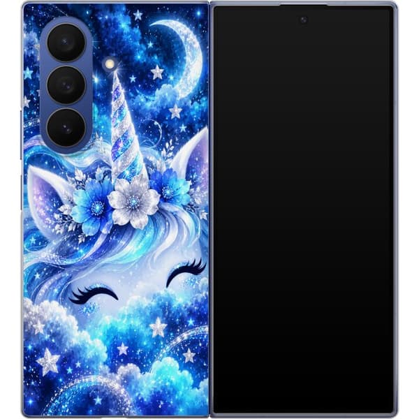 Kompatibelt Mobildeksel til Samsung Galaxy Z Fold7 Stjernehorn – Enhjørningsansikt og blomster i blå nyanser. Et dekorativt motiv med tydelige former blå