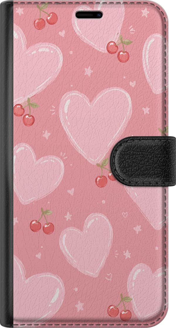 Kompatibelt Lommeboketui til Google Pixel 9 Rosa mønster med store hjerter, røde kirsebær og små stjerner rosa