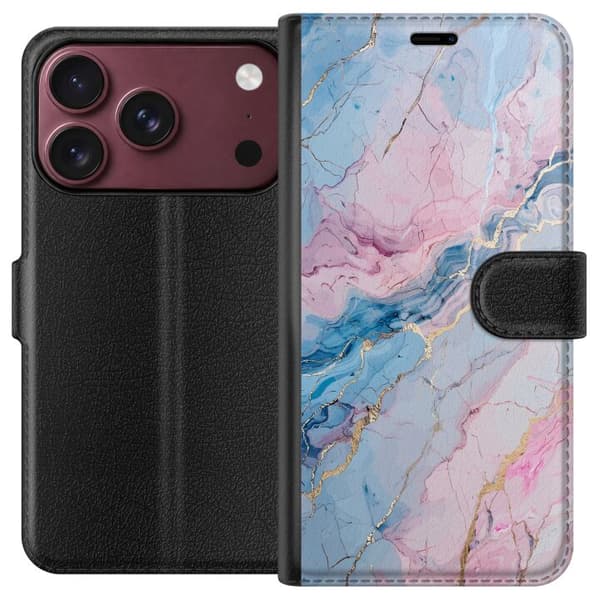 Kompatibel Tegnebogsetui til Apple iPhone 18 Pro Max Lys marmor i rosa og blå nuancer med elegante guldfarvede årer pink
