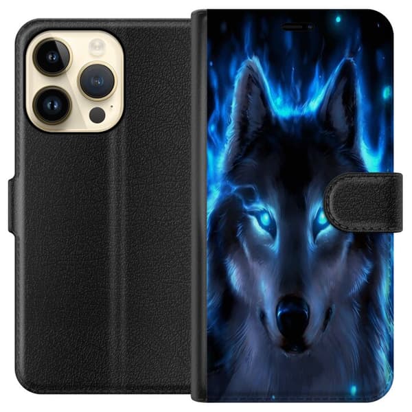 Kompatibel Tegnebogsetui til Apple iPhone 14 Pro Blå ulv
