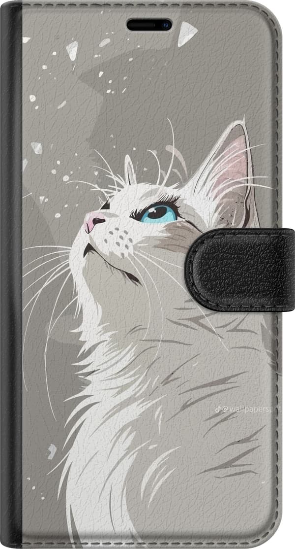 Kompatibel Tegnebogsetui til Apple iPhone 14 Pro Max Stilren illustration af en hvid kat med blå øjne, der kigger opad mod en grå baggrund grå