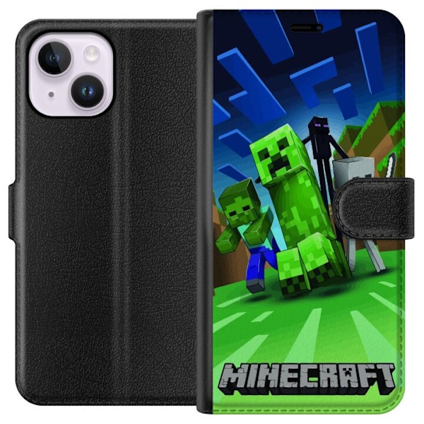 Apple iPhone 15 Plus Plånboksfodral Minecraft Creeper mobilskal i klassisk grön pixelstil