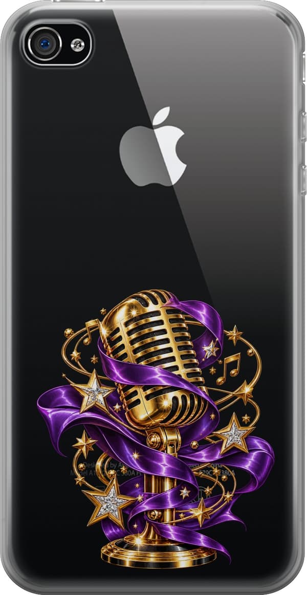 Kompatibel Mobilcover til Apple iPhone 4s Guldfarvet retromikrofon med lilla bånd, stjerner og små noder guld