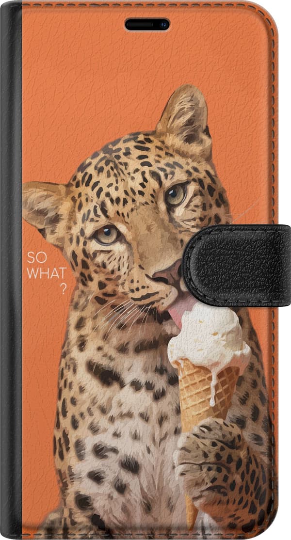 Kompatibel Tegnebogsetui til Apple iPhone 15 Pro Max Leopard med en hvid is i kræmmerhus mod orange baggrund orange