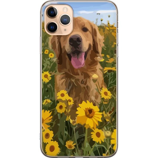 Apple iPhone 11 Pro Max Läpinäkyvä kuori Kultainennoutaja Auringonkukkapelto Koiramotiivi Luonto Kesä Suunnittelu Suosittu Koirarotu Perheen suosi
