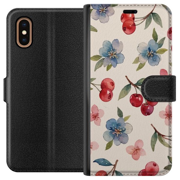 Apple iPhone XS Max Lommeboketui Bær & Blomster - mønster med blå blomster og skogsbær