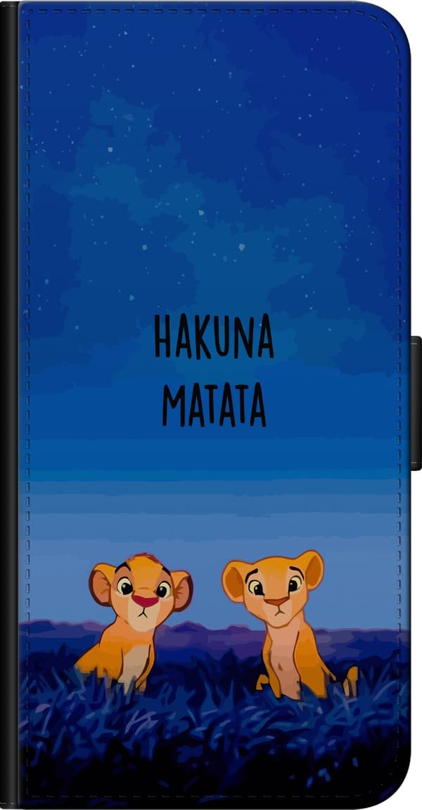 Kompatibel Tegnebogsetui til OnePlus 9 Pro Tegnede løveunger under en blå stjernehimmel med Hakuna Matata-tekst blå