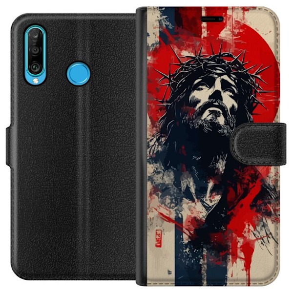 Huawei P30 lite Tegnebogsetui Jesus med kors - kristent motiv