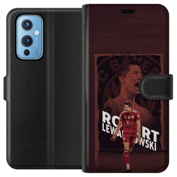 Kompatibel Tegnebogsetui til OnePlus 9 Robert Lewandowski i mørkerød collage - fodboldmotiv i sort og mørkerød sort